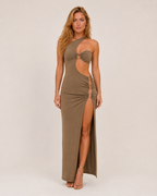 Ismée - Bruine Maxi-jurk Met Split En Opengewerkte Details