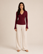 Jara - Bordeauxrode Jersey Top Met V-hals