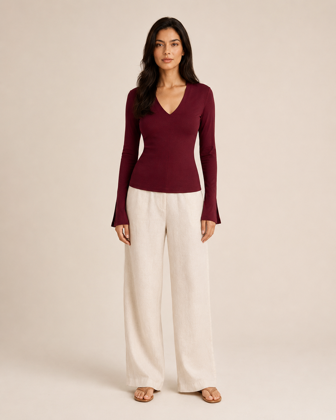 Jara - Bordeauxrode Jersey Top Met V-hals