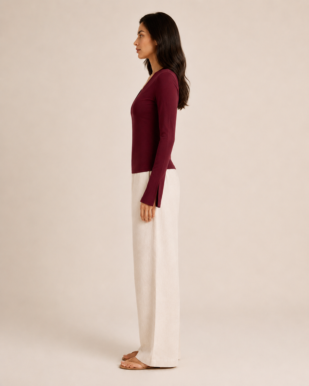 Jara - Bordeauxrode Jersey Top Met V-hals