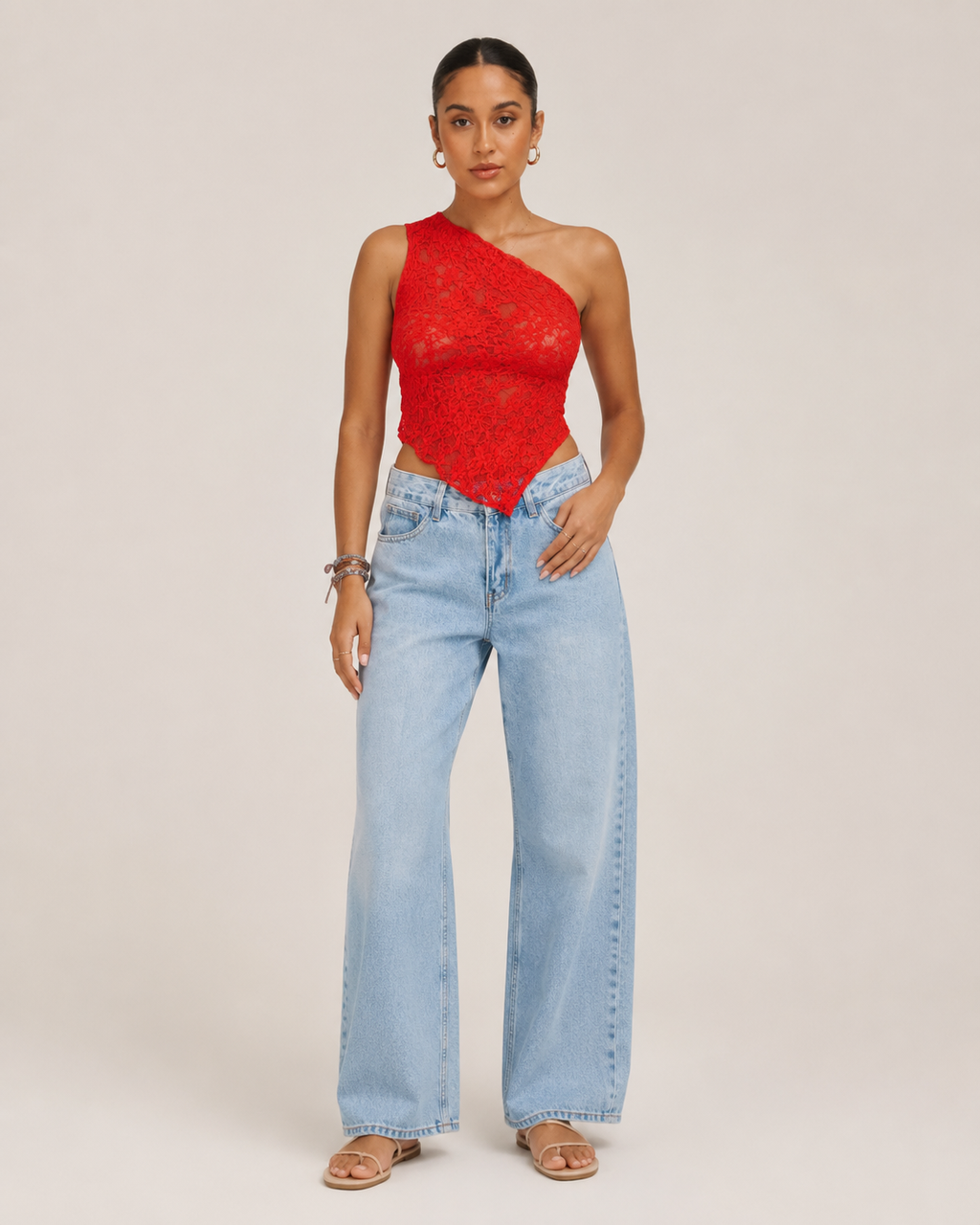 Janira - Kanten One-Shoulder Top Met Asymmetrische Halslijn