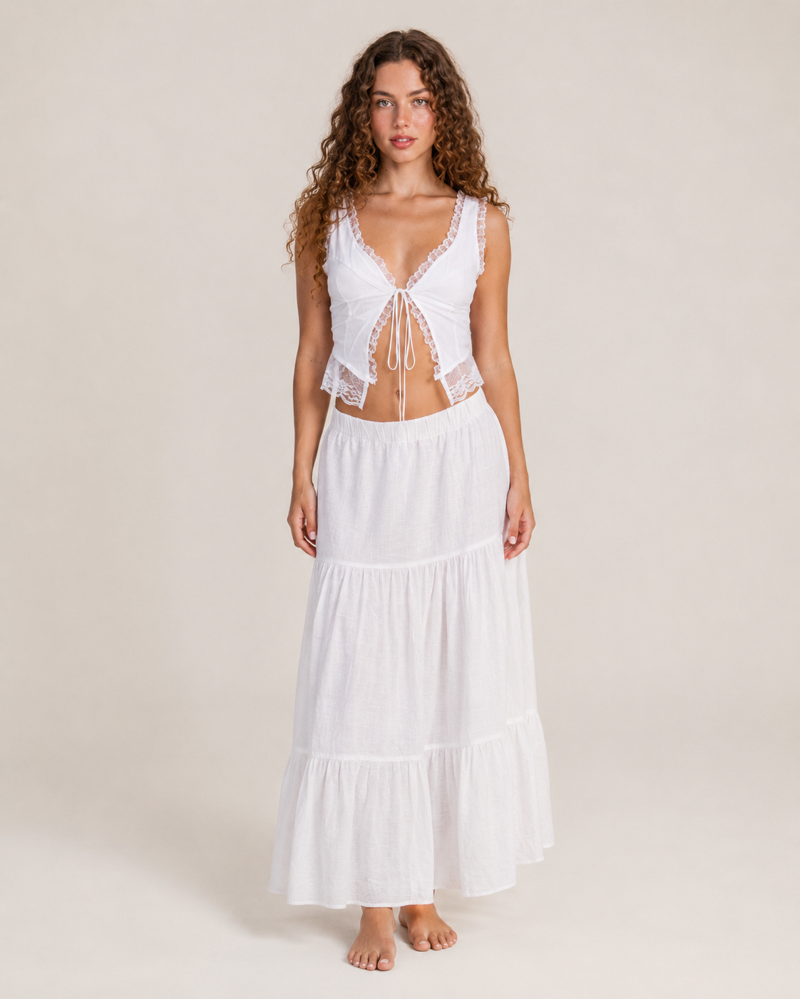 Juna - Witte Kanten Crop Top Met Verstelbare Veters
