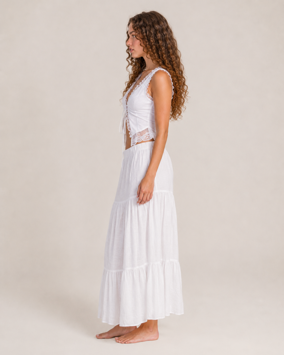 Juna - Witte Kanten Crop Top Met Verstelbare Veters