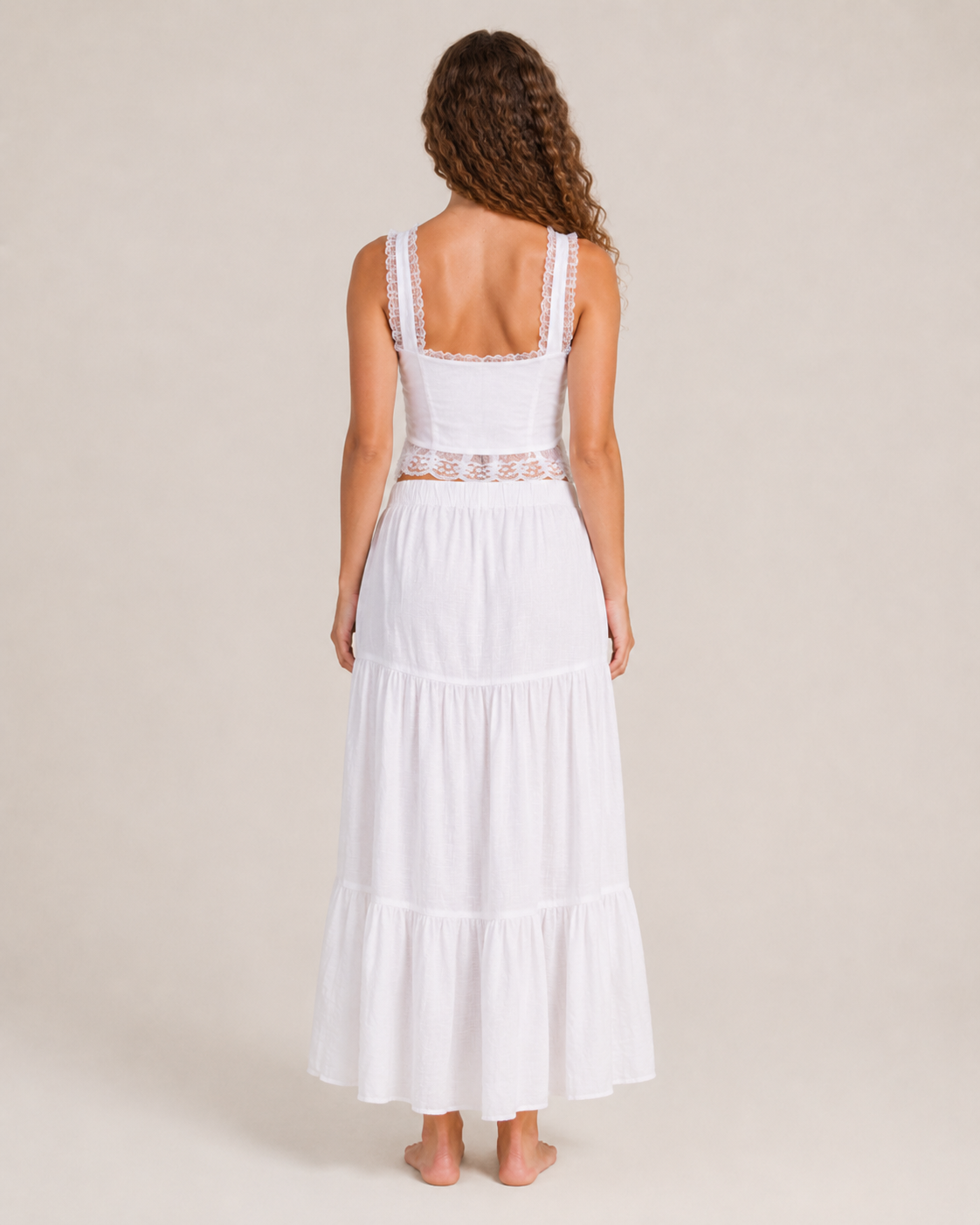 Juna - Witte Kanten Crop Top Met Verstelbare Veters