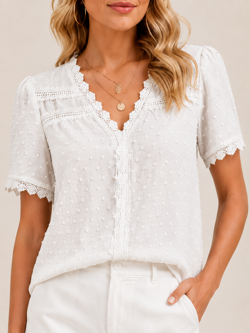 Seliora - Dames Blouse Met Kanten V-hals En Reliëfstructuur