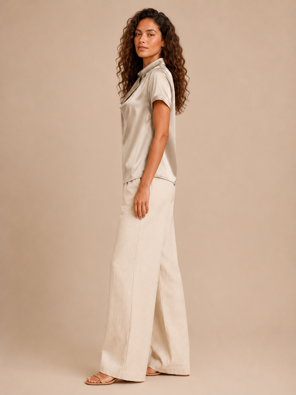 Séverine - Dames Satijnlook Blouse Met Knopen En Losse Pasvorm