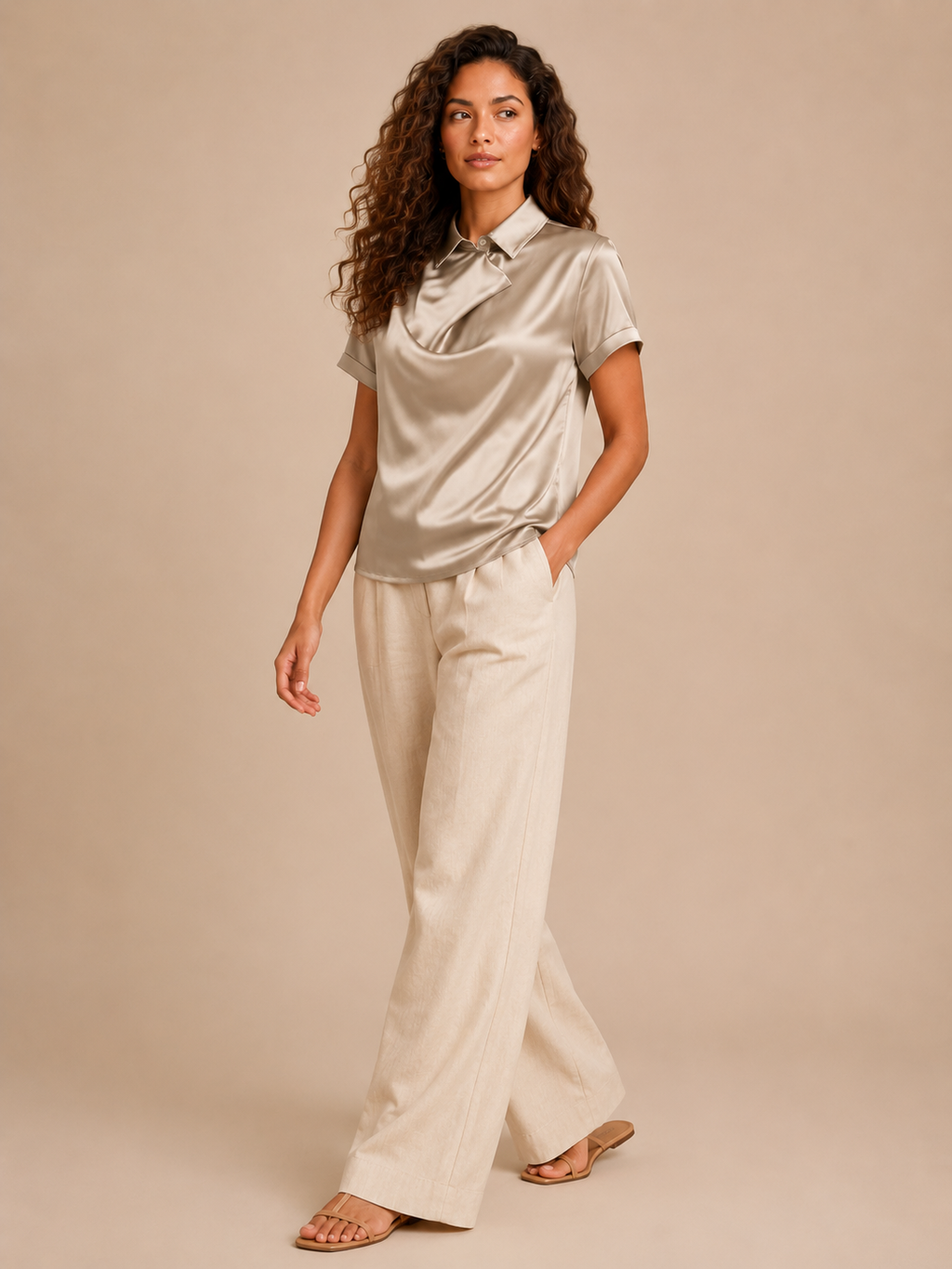 Séverine - Dames Satijnlook Blouse Met Knopen En Losse Pasvorm