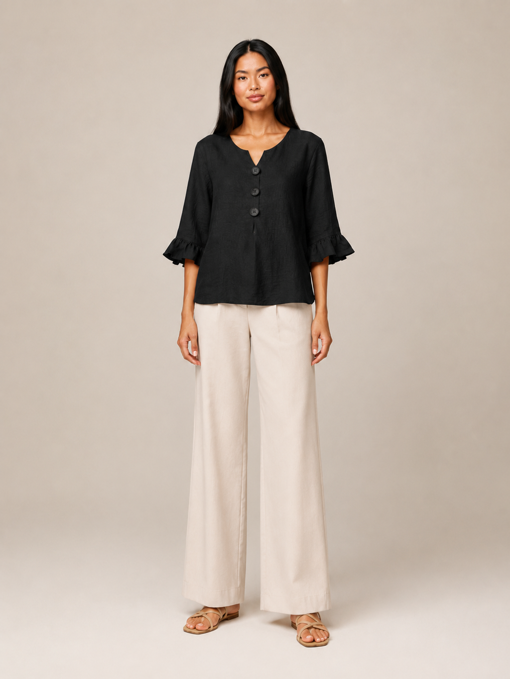 Séliane - Dames Blouse Met Split-hals En Korte Mouwen Met Ruches