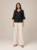 Séliane - Dames Blouse Met Split-hals En Korte Mouwen Met Ruches