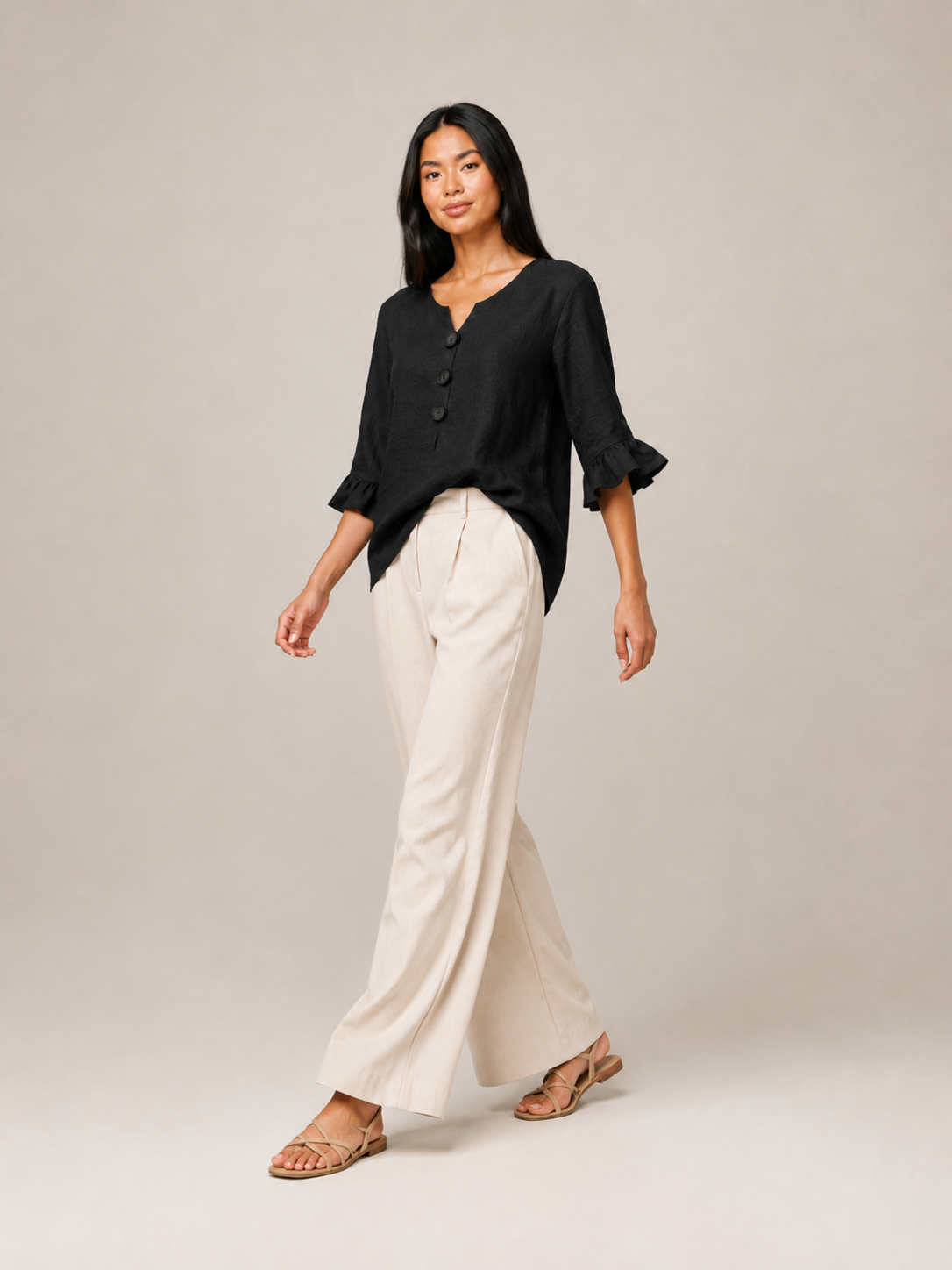 Séliane - Dames Blouse Met Split-hals En Korte Mouwen Met Ruches