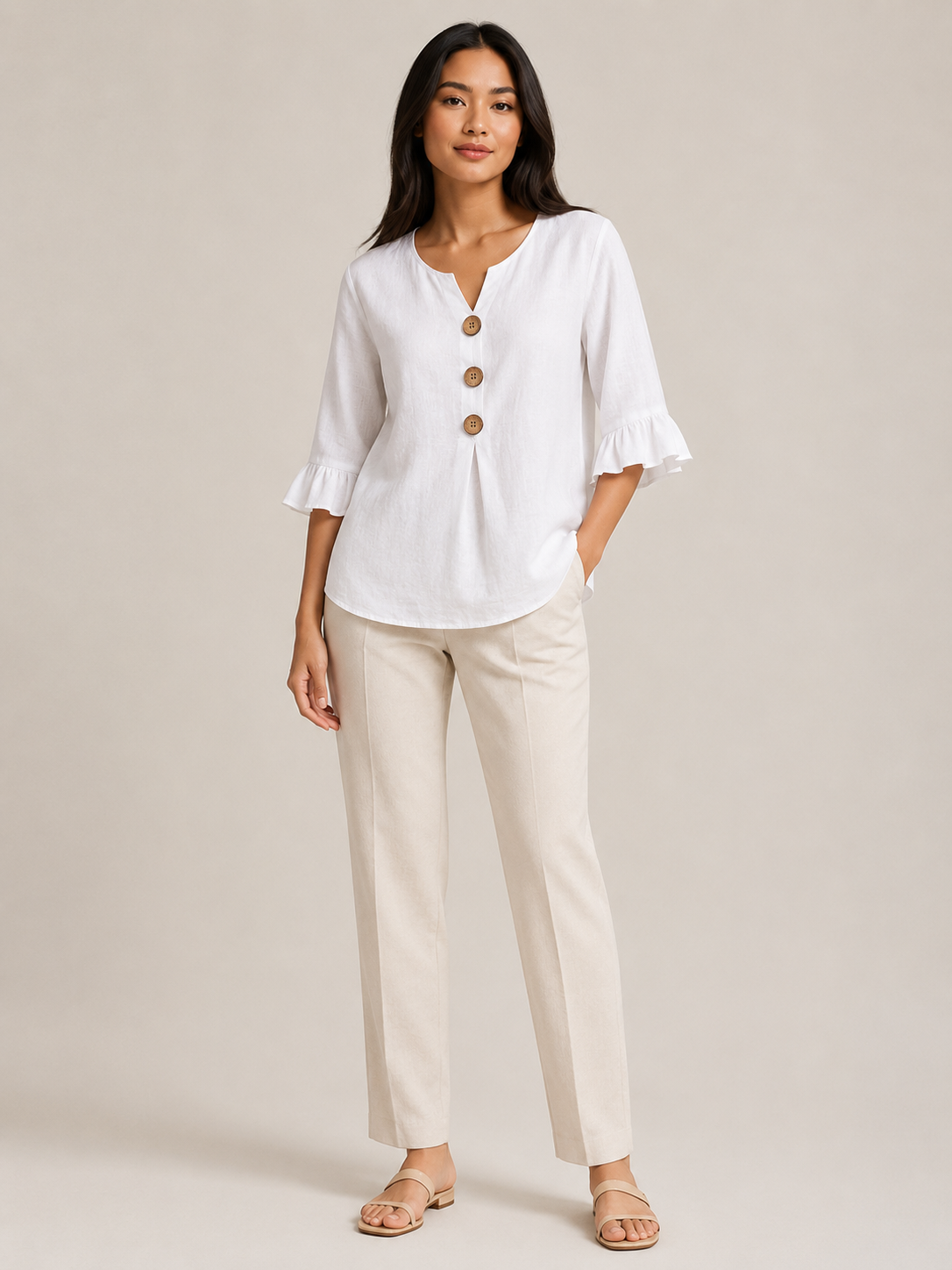 Séliane - Dames Blouse Met Split-hals En Korte Mouwen Met Ruches