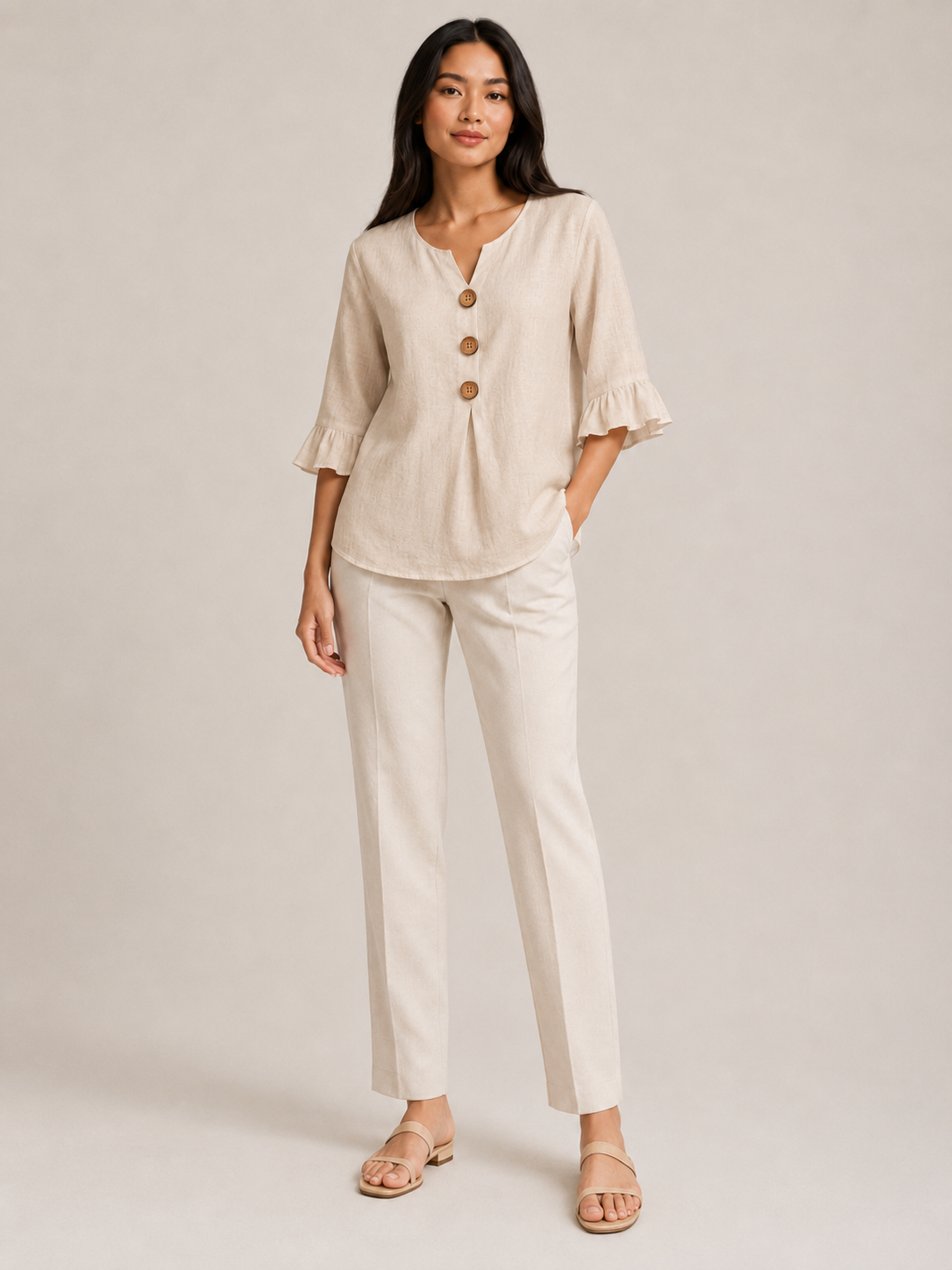 Séliane - Dames Blouse Met Split-hals En Korte Mouwen Met Ruches