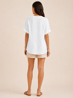 Sorianne - Dames Linnenmix Blouse Met Split-hals En Knoopsluiting