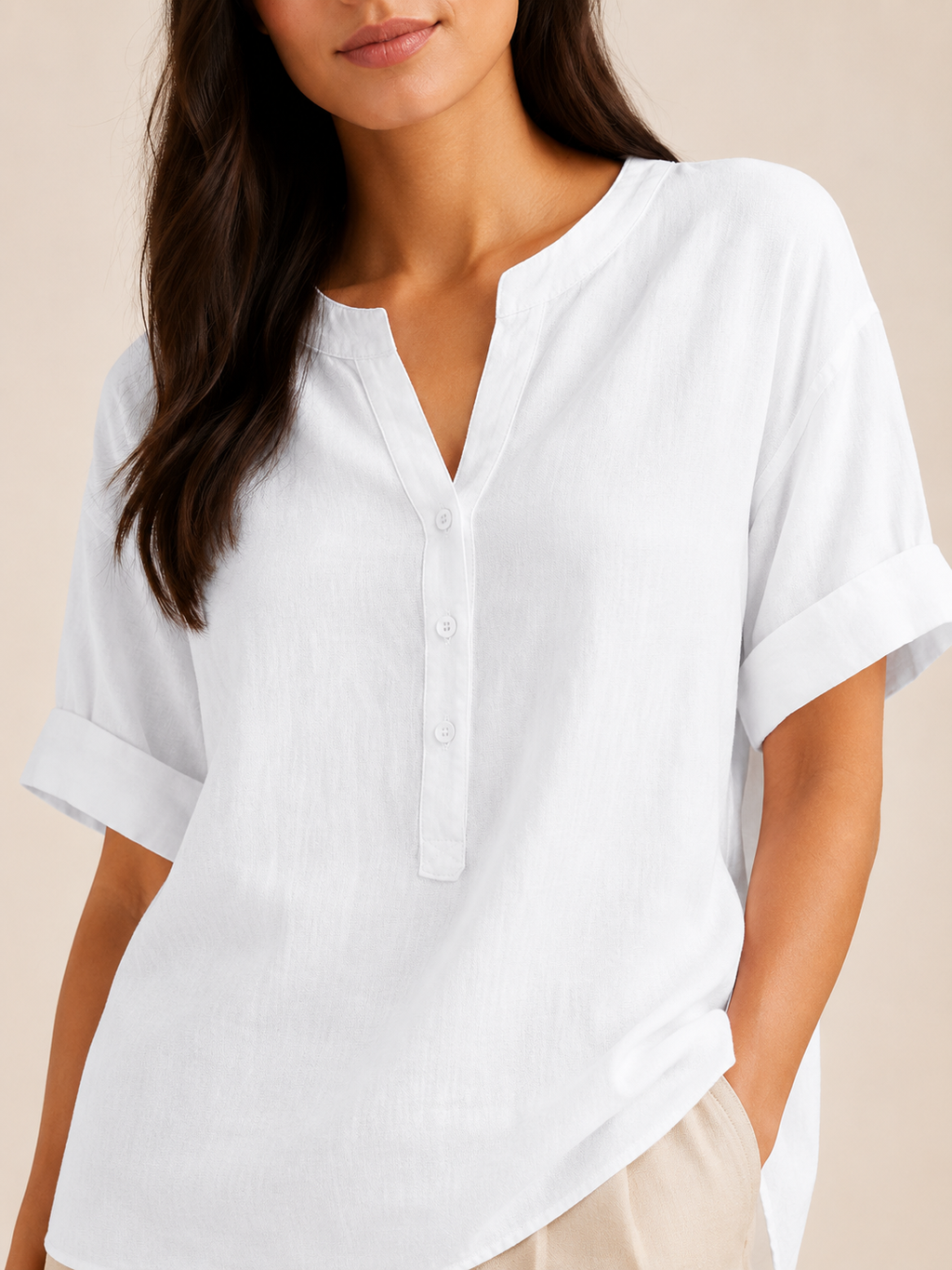Sorianne - Dames Linnenmix Blouse Met Split-hals En Knoopsluiting