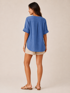 Sorianne - Dames Linnenmix Blouse Met Split-hals En Knoopsluiting
