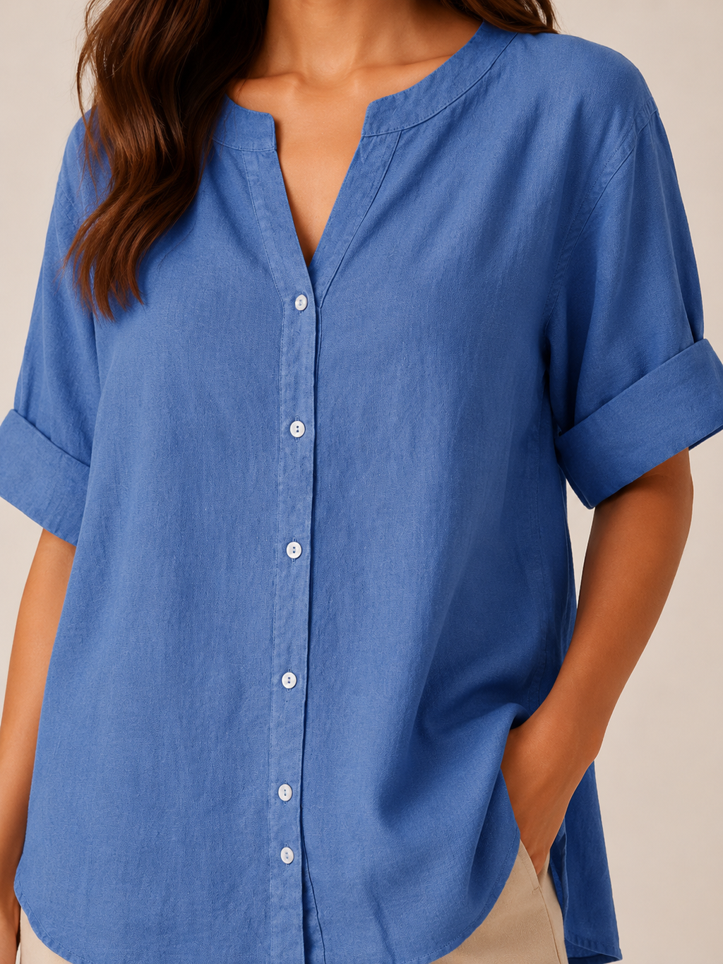 Sorianne - Dames Linnenmix Blouse Met Split-hals En Knoopsluiting
