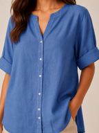 Sorianne - Dames Linnenmix Blouse Met Split-hals En Knoopsluiting