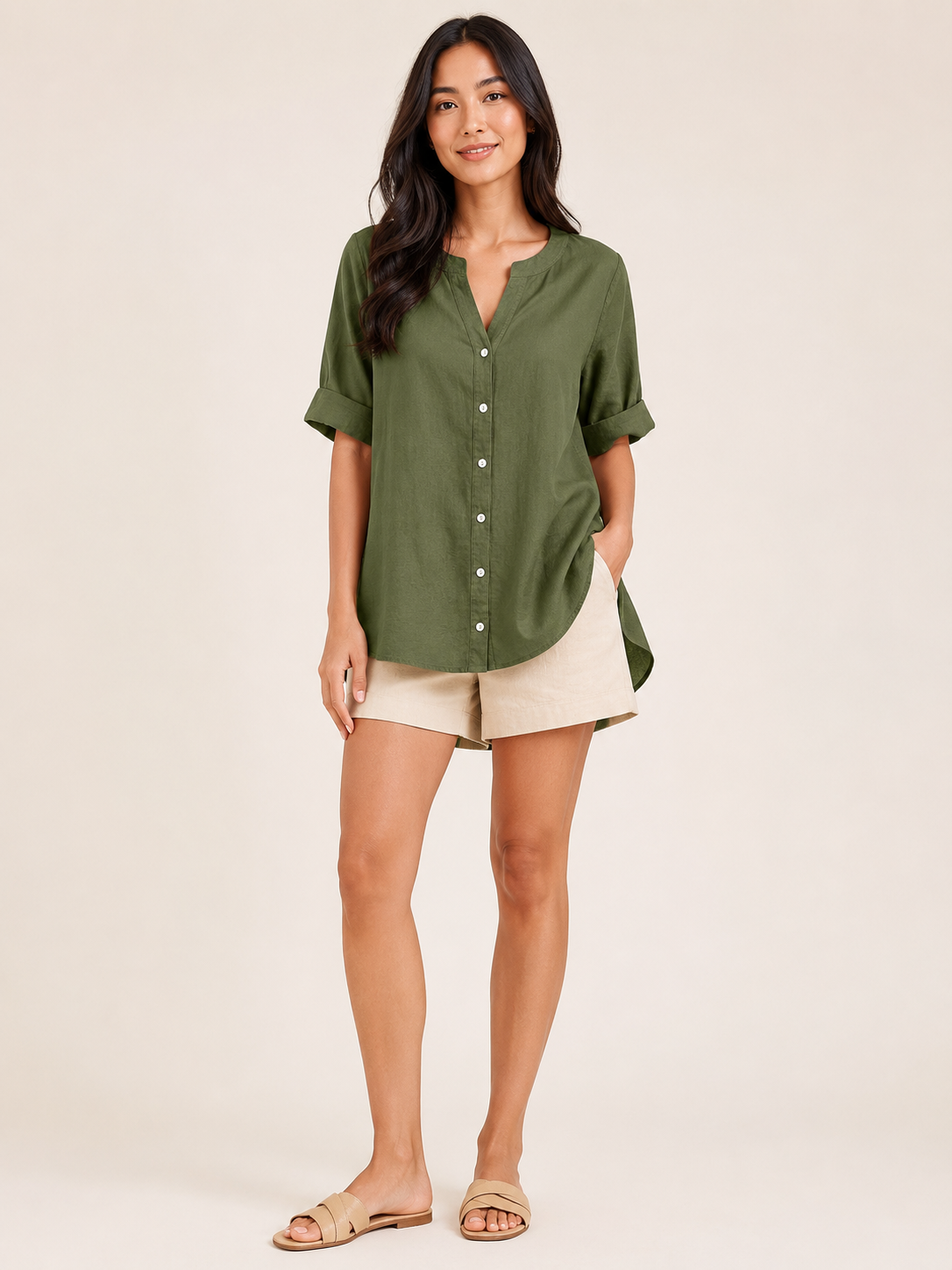 Sorianne - Dames Linnenmix Blouse Met Split-hals En Knoopsluiting