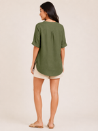 Sorianne - Dames Linnenmix Blouse Met Split-hals En Knoopsluiting