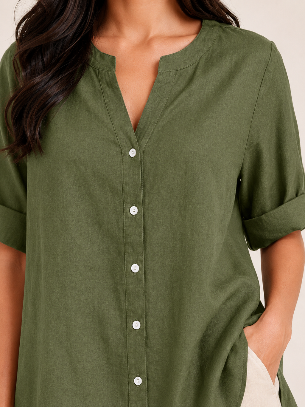 Sorianne - Dames Linnenmix Blouse Met Split-hals En Knoopsluiting