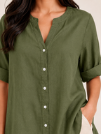 Sorianne - Dames Linnenmix Blouse Met Split-hals En Knoopsluiting