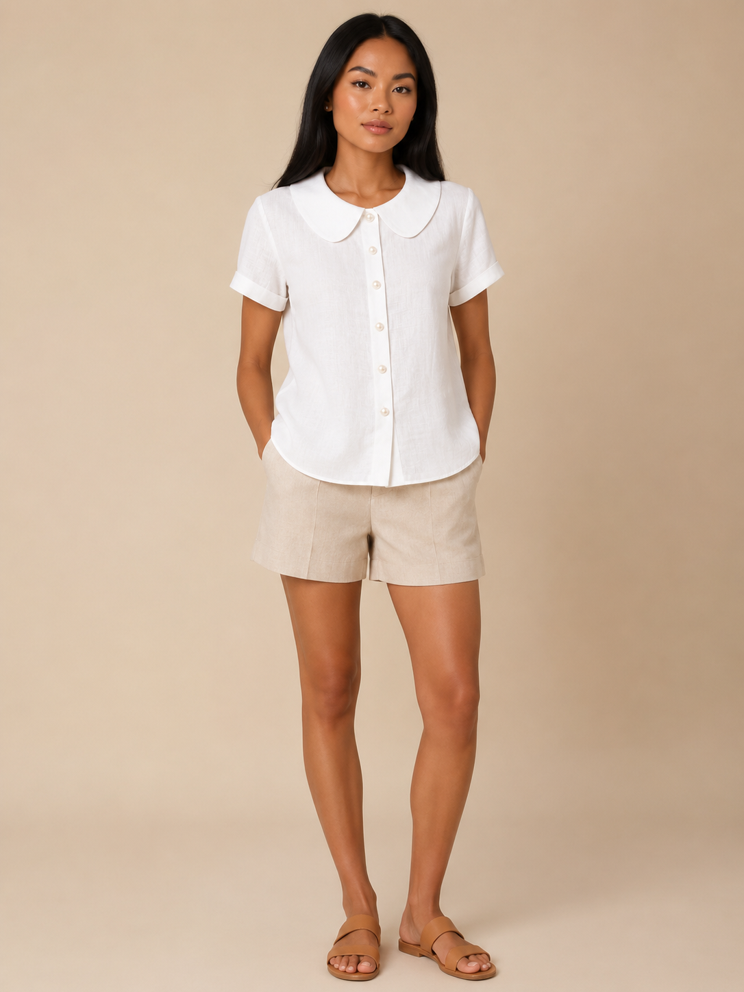 Sélestine - Dames Blouse Met Ronde Kraag En Parelknopen