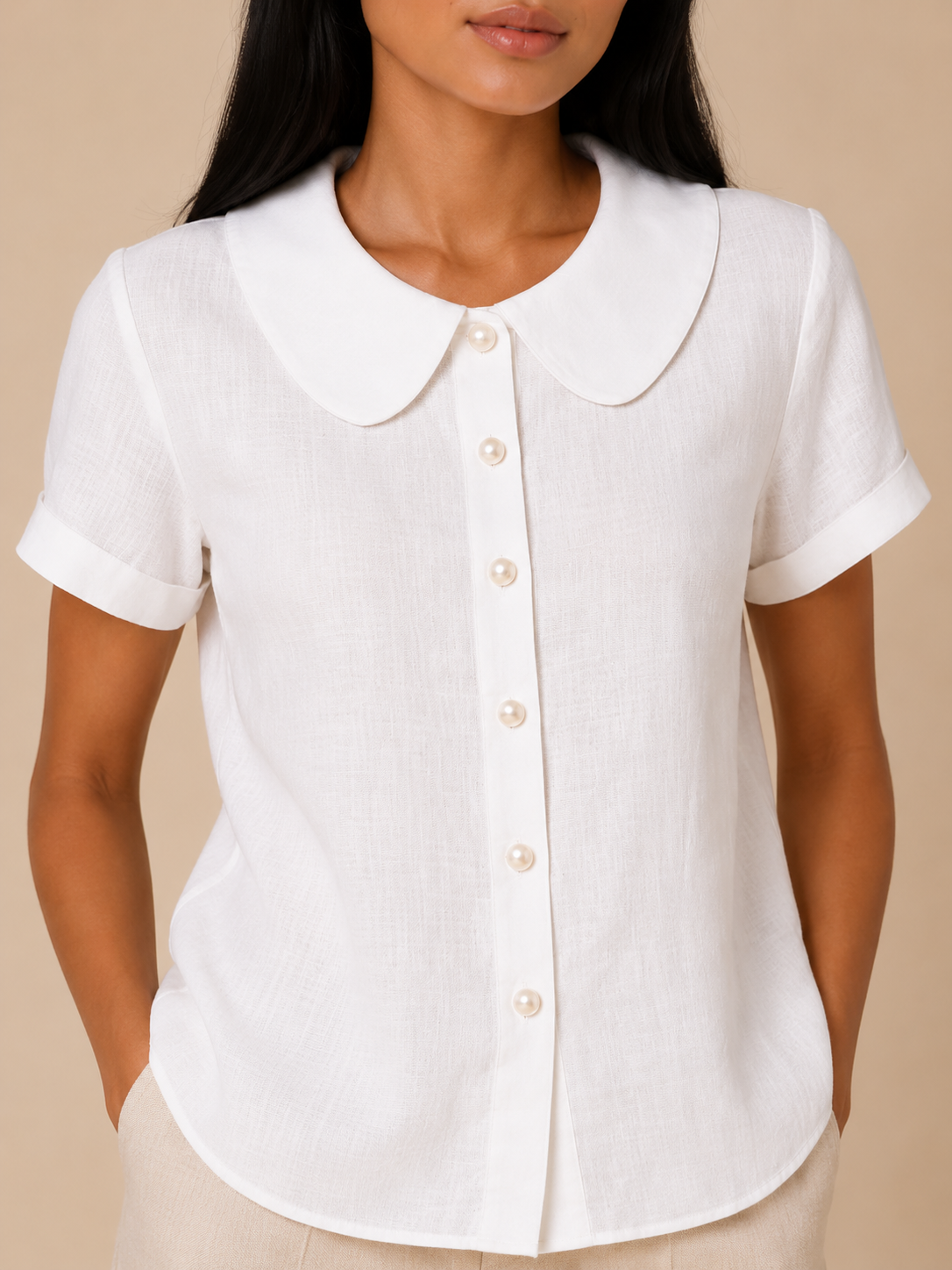 Sélestine - Dames Blouse Met Ronde Kraag En Parelknopen