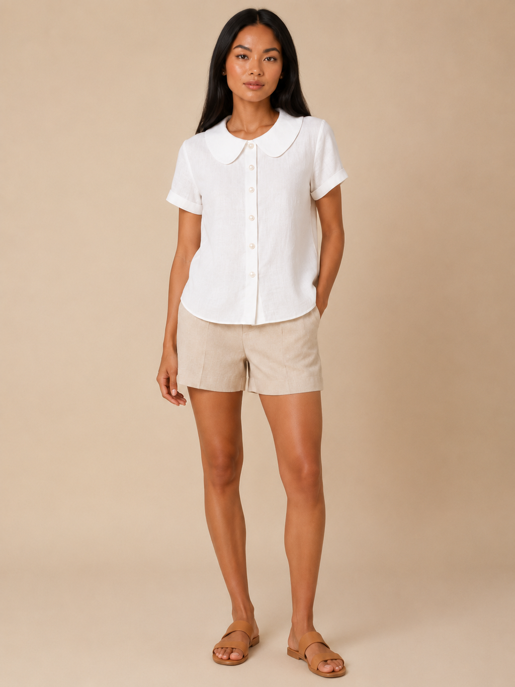 Sélestine - Dames Blouse Met Ronde Kraag En Parelknopen