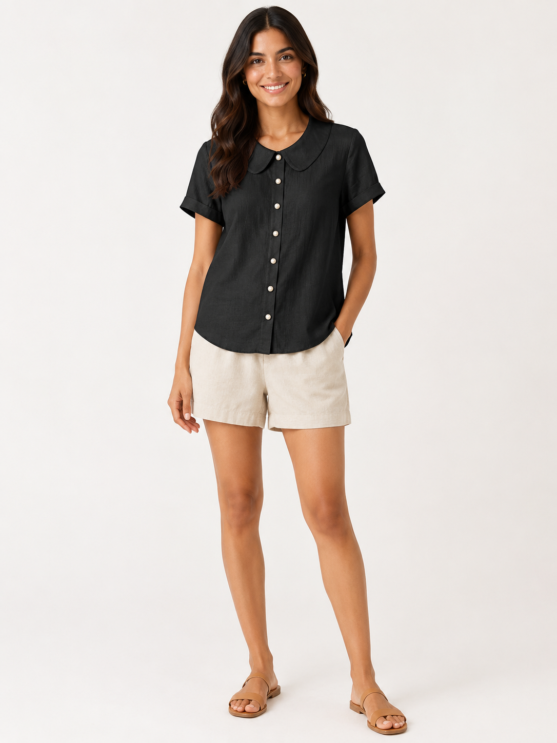 Sélestine - Dames Blouse Met Ronde Kraag En Parelknopen