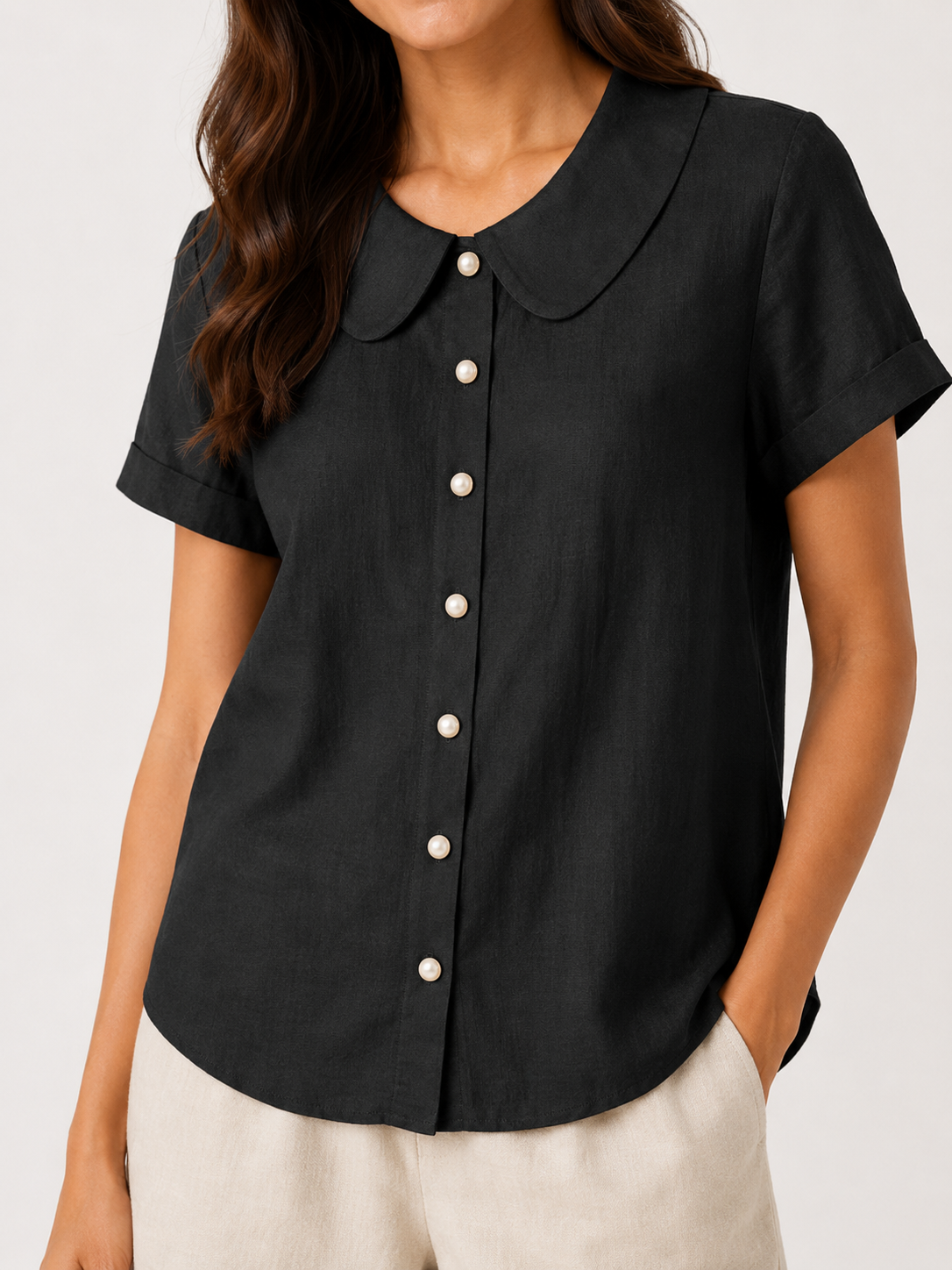 Sélestine - Dames Blouse Met Ronde Kraag En Parelknopen