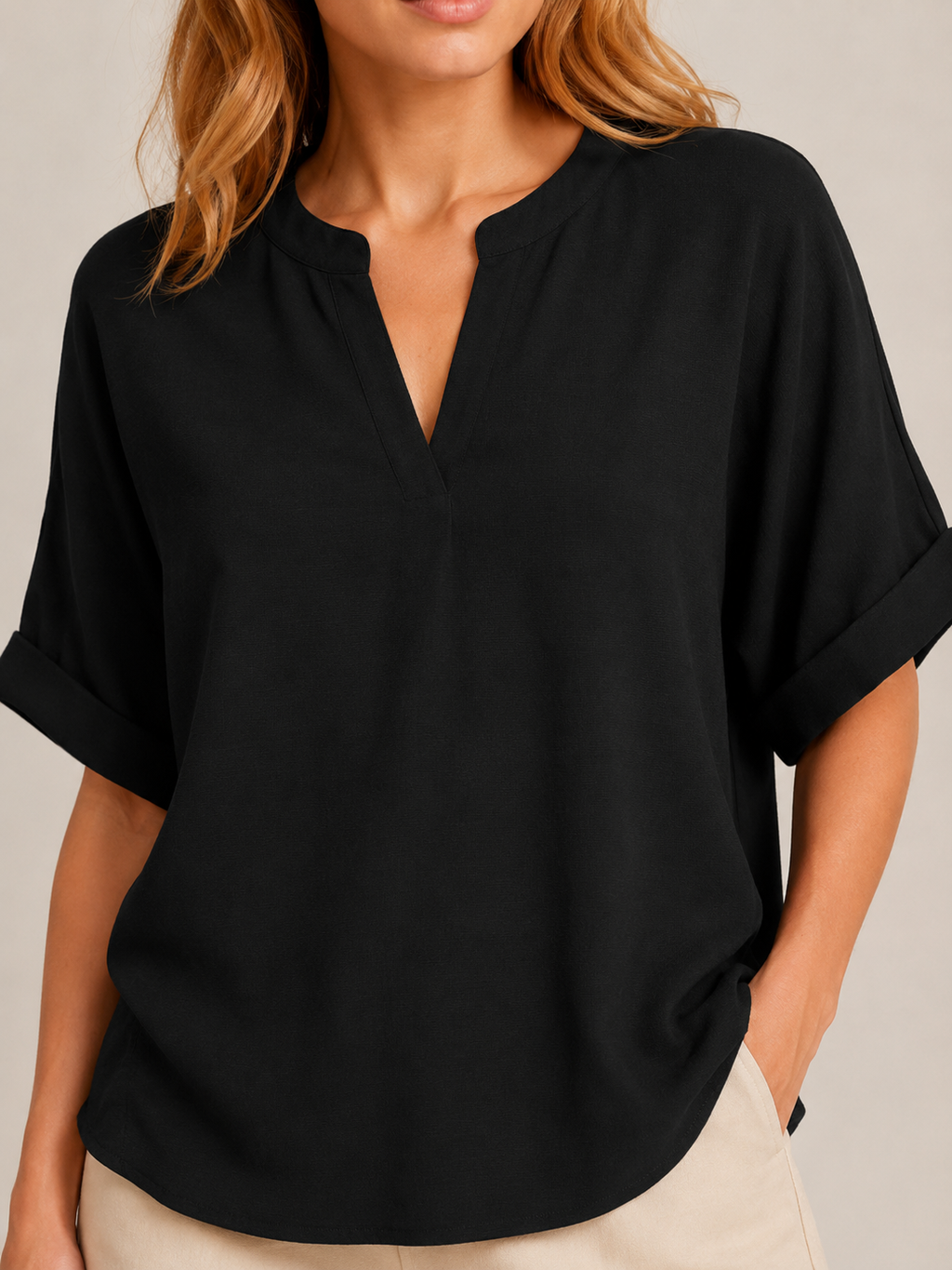 Séloria - Dames Kreukarme Blouse Met Split-hals En Wijde Mouwen