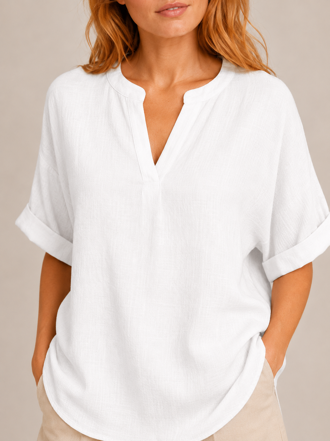 Séloria - Dames Kreukarme Blouse Met Split-hals En Wijde Mouwen