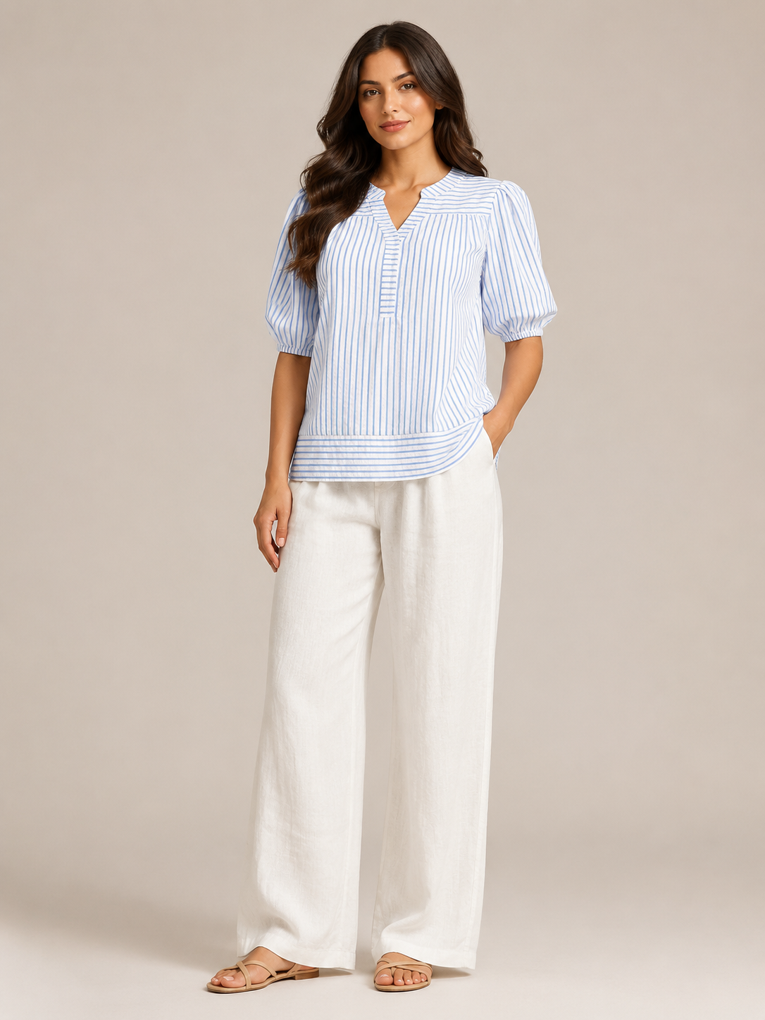 Savinelle - Gestreepte Blouse Met Split-hals En Korte Pofmouwen
