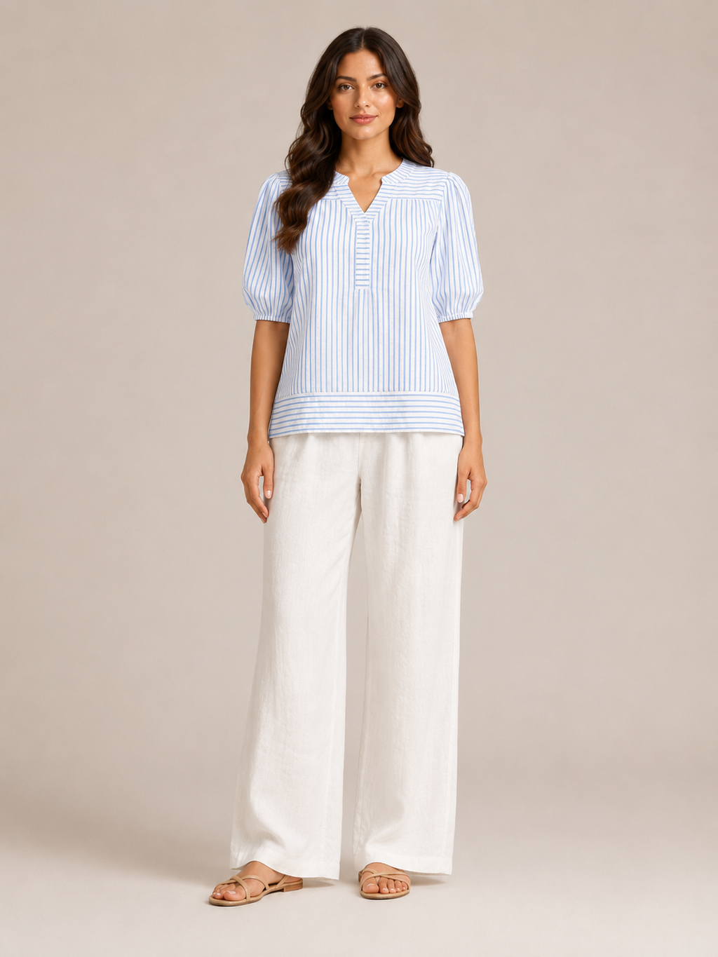 Savinelle - Gestreepte Blouse Met Split-hals En Korte Pofmouwen