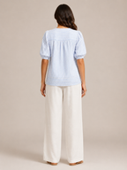 Savinelle - Gestreepte Blouse Met Split-hals En Korte Pofmouwen