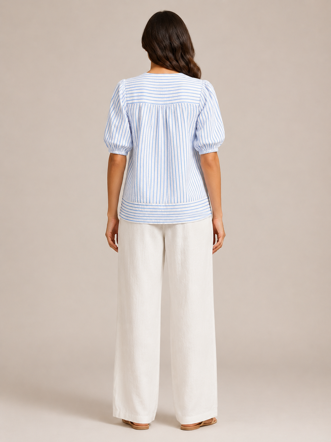 Savinelle - Gestreepte Blouse Met Split-hals En Korte Pofmouwen