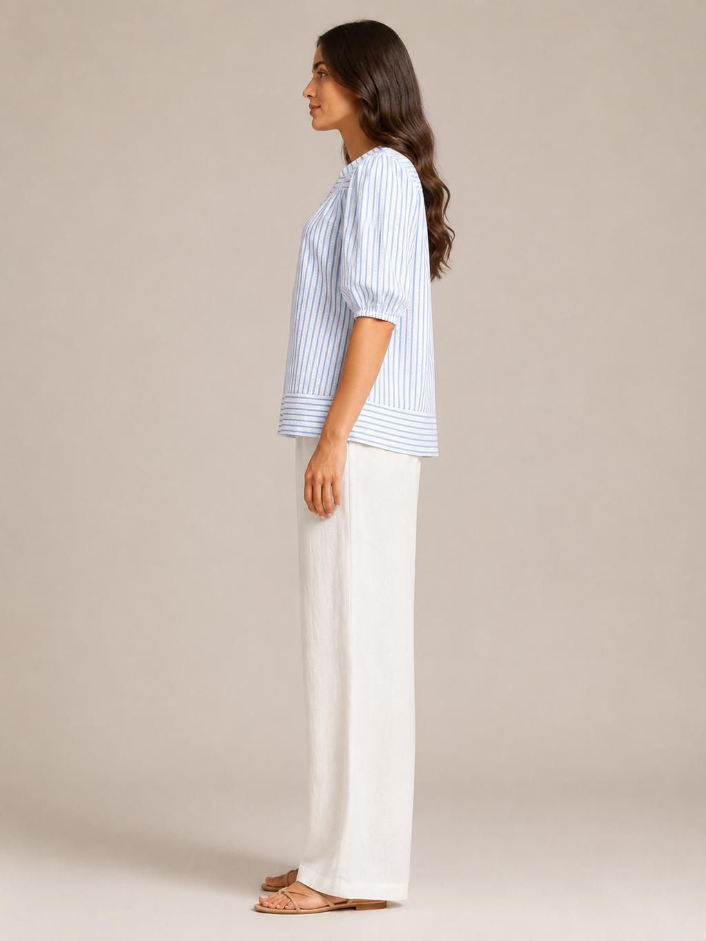 Savinelle - Gestreepte Blouse Met Split-hals En Korte Pofmouwen