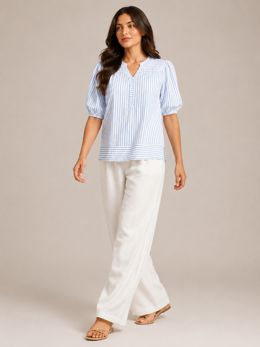 Savinelle - Gestreepte Blouse Met Split-hals En Korte Pofmouwen