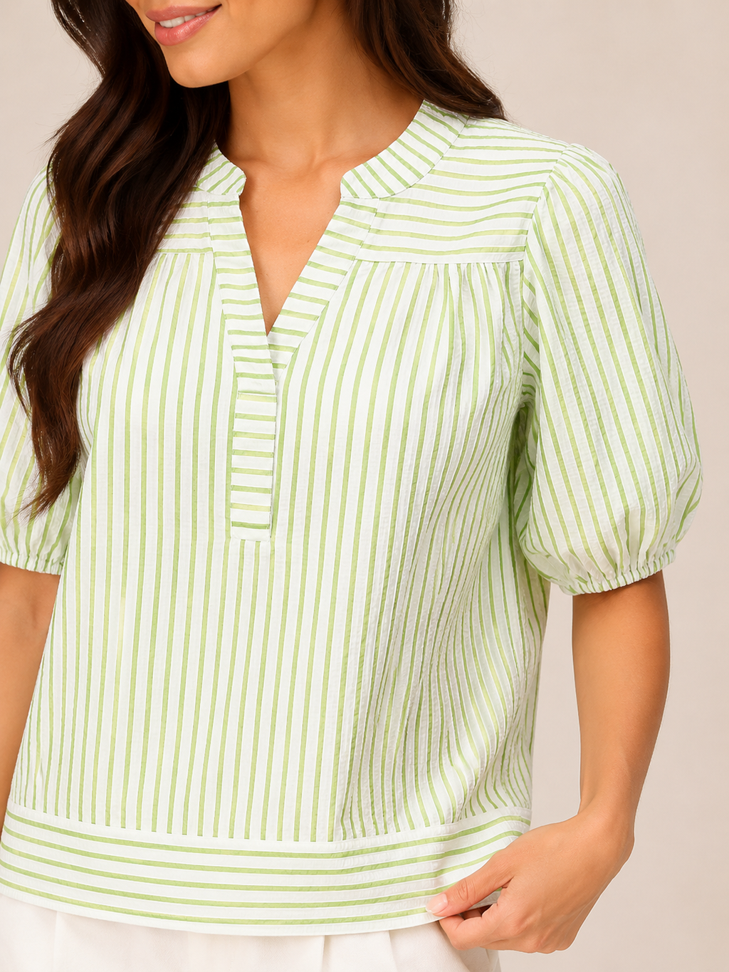 Savinelle - Gestreepte Blouse Met Split-hals En Korte Pofmouwen