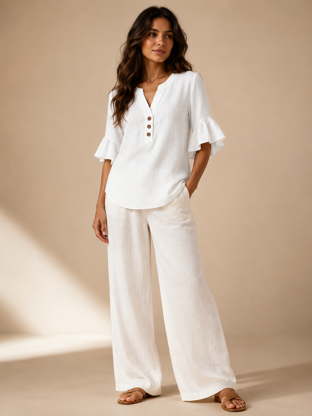 Sabrienne - Dames Blouse Met Split-hals En Uitlopende Mouwen