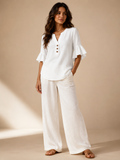 Sabrienne - Dames Blouse Met Split-hals En Uitlopende Mouwen