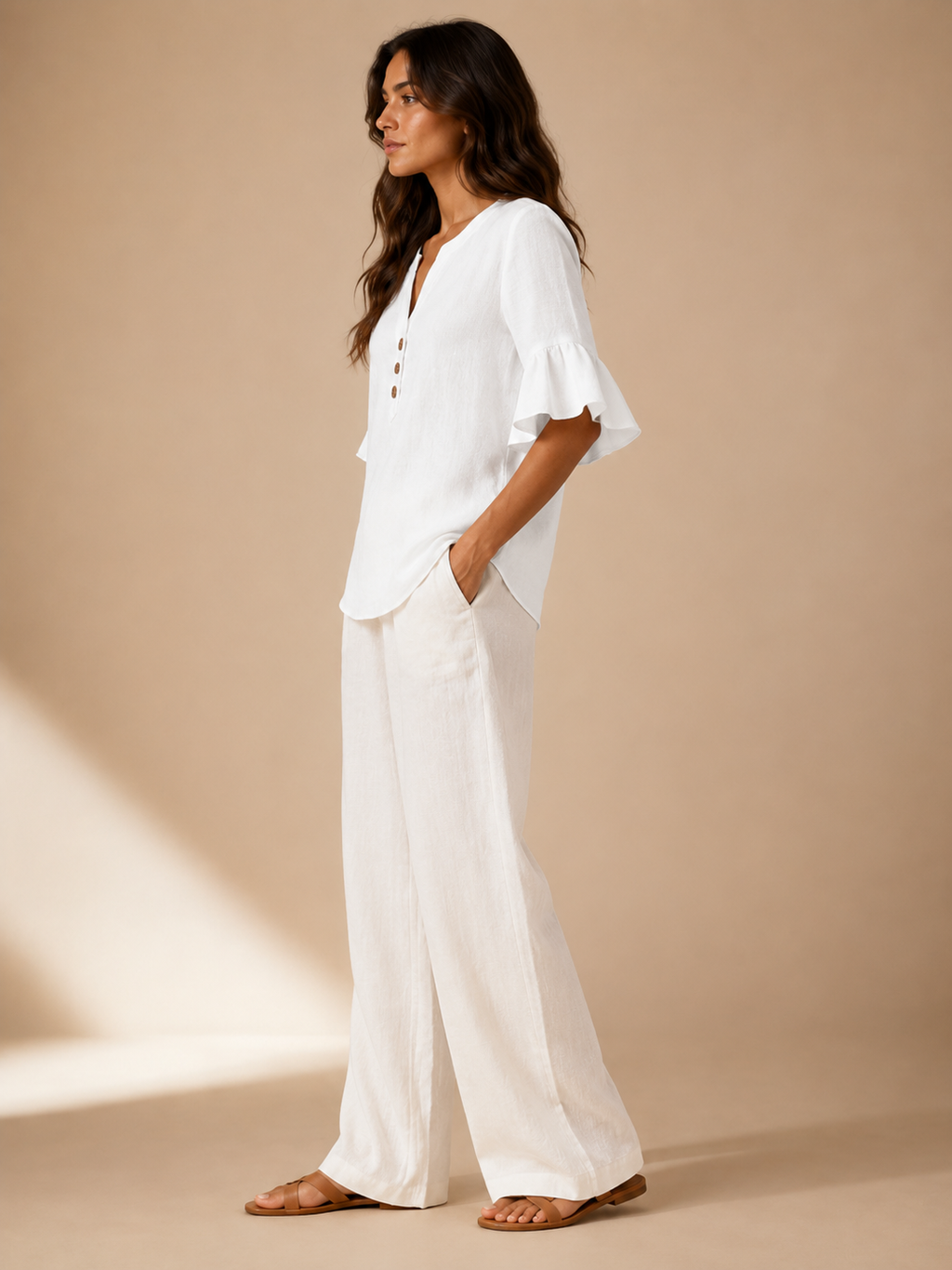 Sabrienne - Dames Blouse Met Split-hals En Uitlopende Mouwen