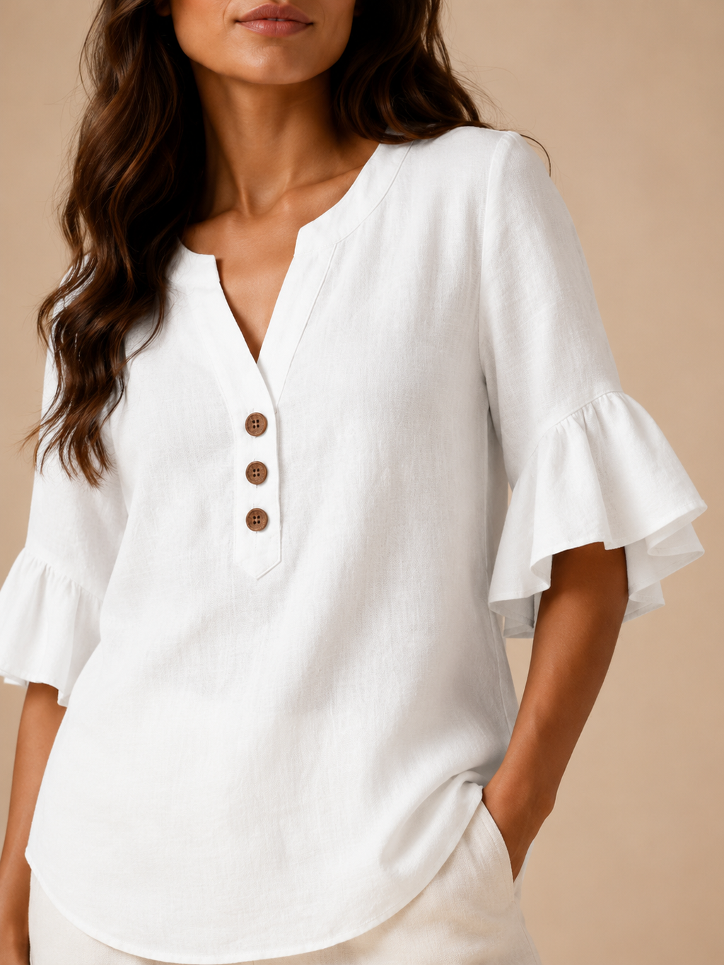 Sabrienne - Dames Blouse Met Split-hals En Uitlopende Mouwen