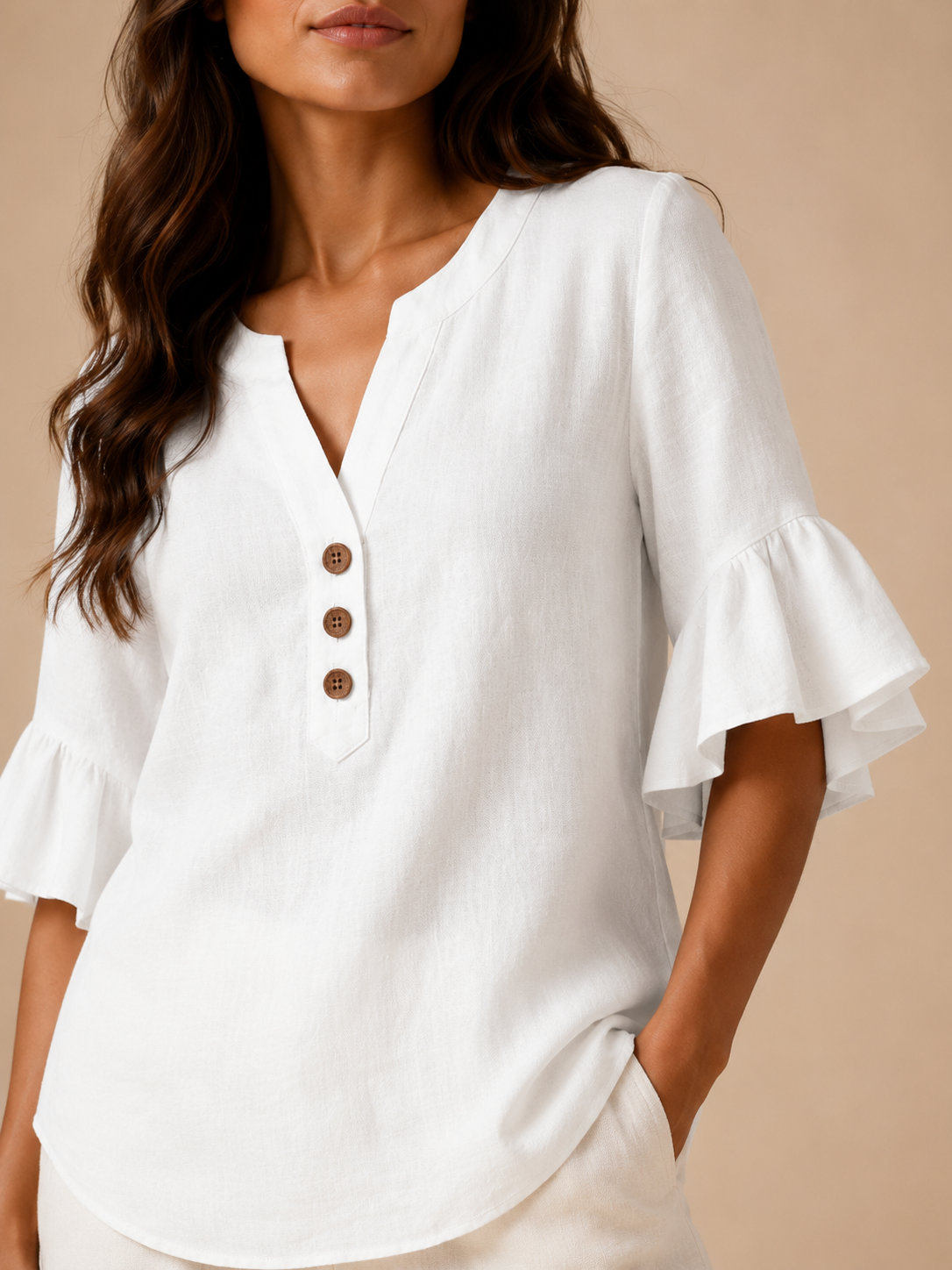 Sabrienne - Dames Blouse Met Split-hals En Uitlopende Mouwen