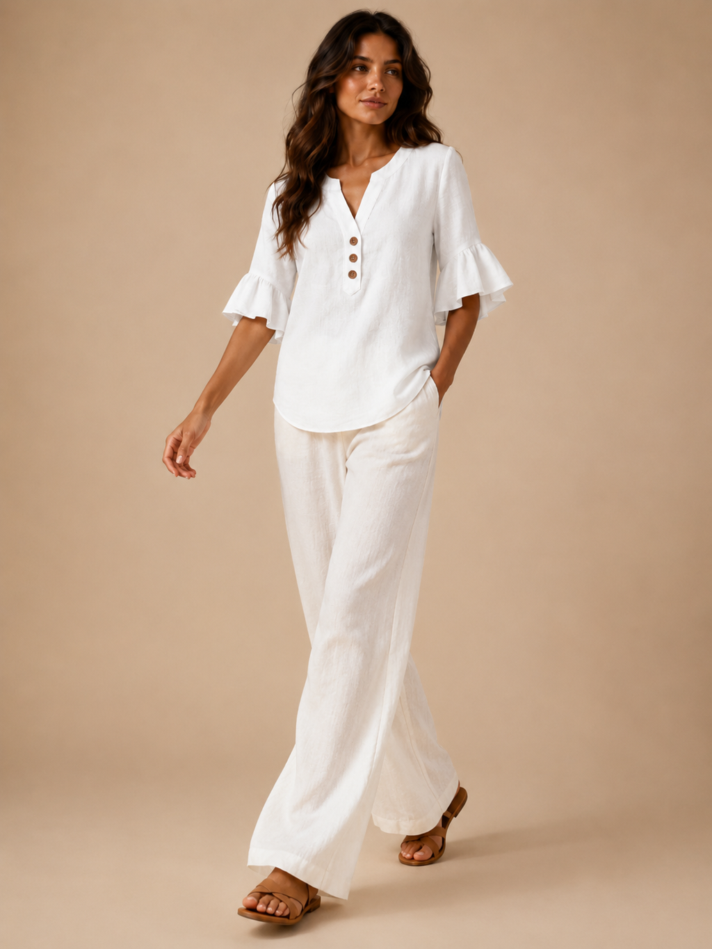 Sabrienne - Dames Blouse Met Split-hals En Uitlopende Mouwen