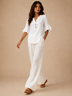 Sabrienne - Dames Blouse Met Split-hals En Uitlopende Mouwen