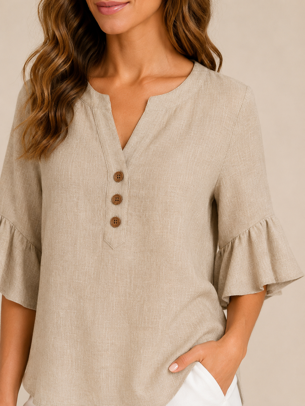 Sabrienne - Dames Blouse Met Split-hals En Uitlopende Mouwen