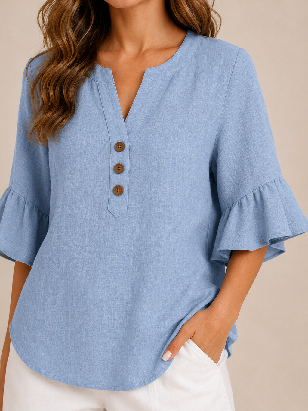 Sabrienne - Dames Blouse Met Split-hals En Uitlopende Mouwen