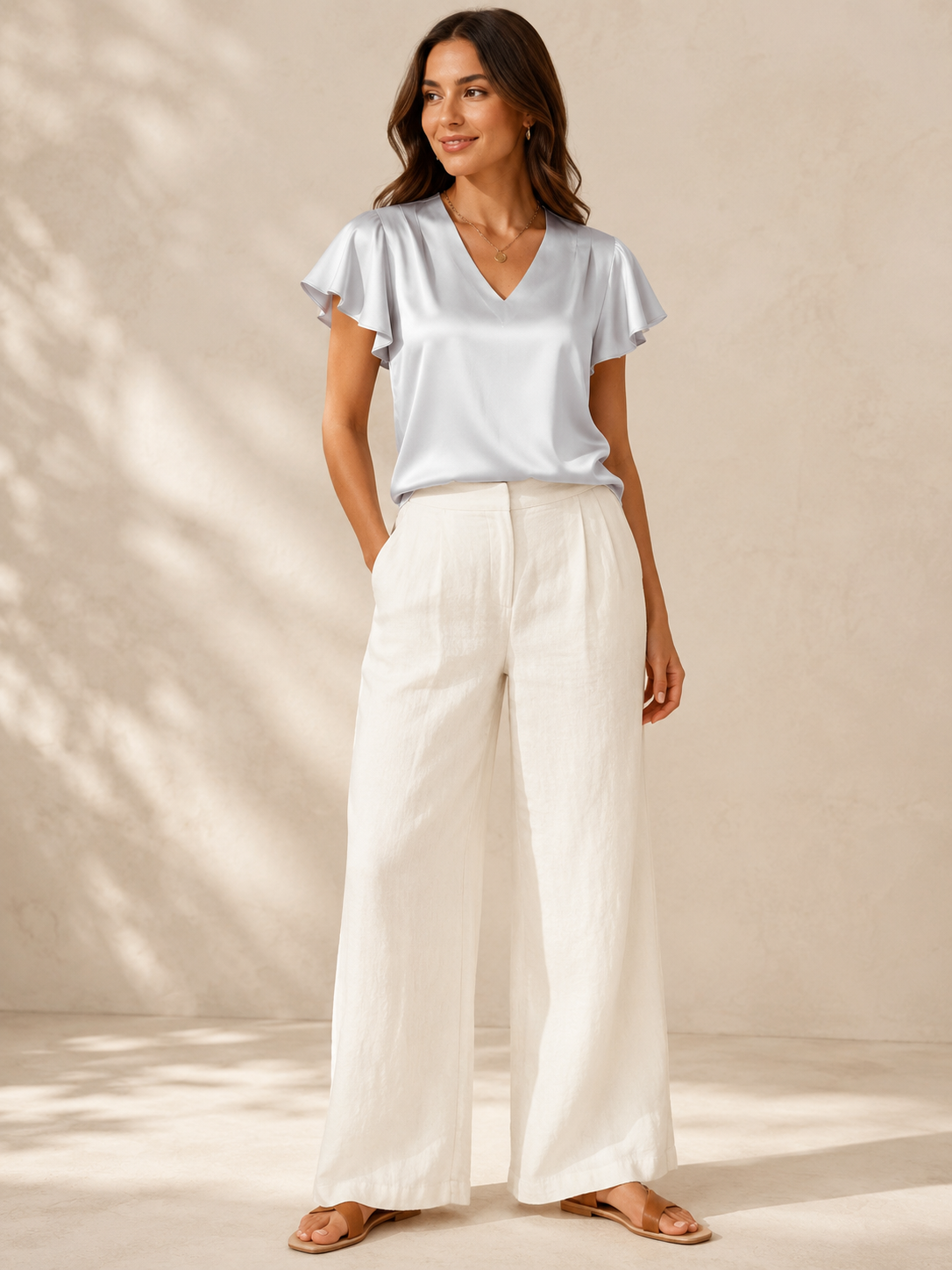 Saloméa - Dames Satijnlook Blouse Met V-hals En Uitlopende Mouwen