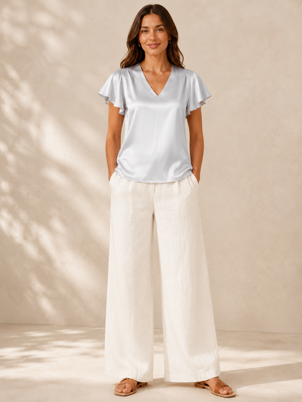 Saloméa - Dames Satijnlook Blouse Met V-hals En Uitlopende Mouwen